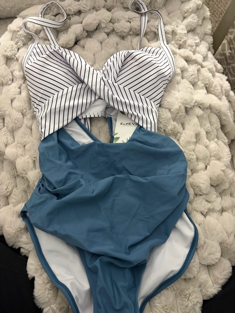 EoMENIE Striped and Teal One-Piece Swimsuit NWT LG